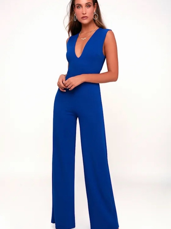 Lulus Pants - Lulu's Royal Blue Sleeveless Deep V Wide-Leg Jumpsuit